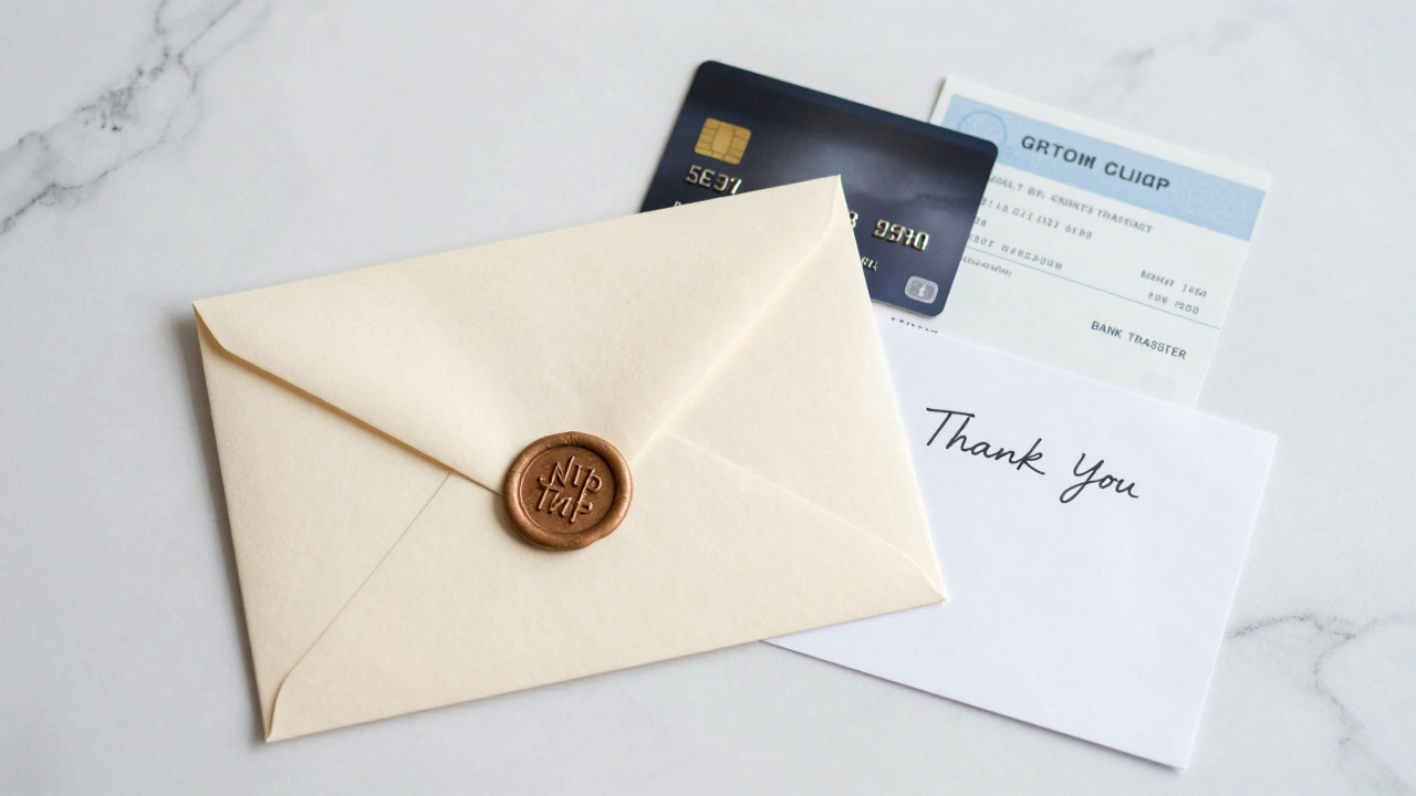 Envelope with wax seal, credit card, and thank you note