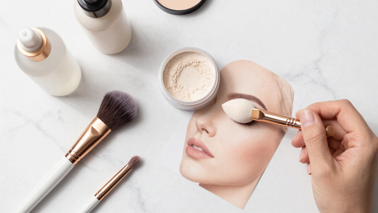 Flat lay of makeup brushes, powder, and setting spray