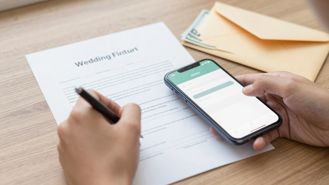 Hand signing contract with phone showing payment confirmation