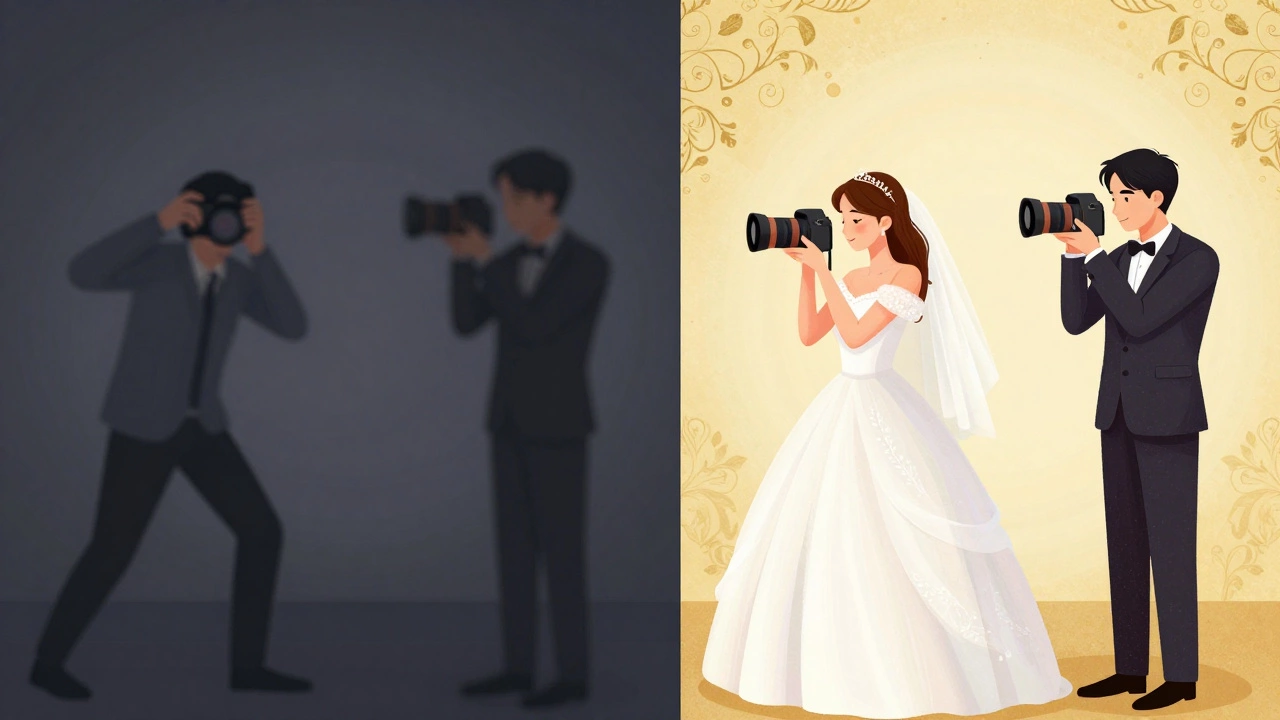 Illustration comparing chaotic budget vs organized premium photography