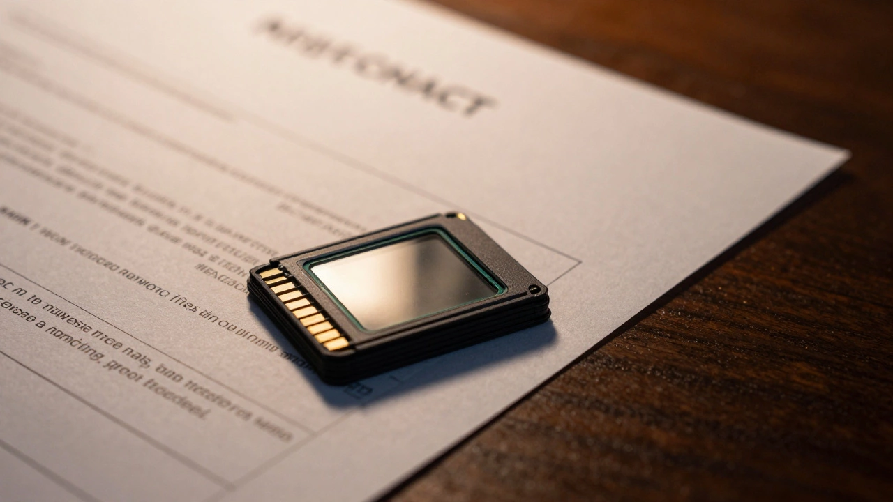 Memory cards and wedding contract on a wooden table