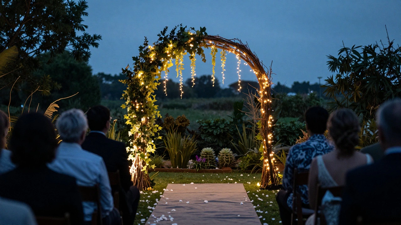 Outdoor wedding arch decorated with ivy and fairy lights at dusk in a garden setting.