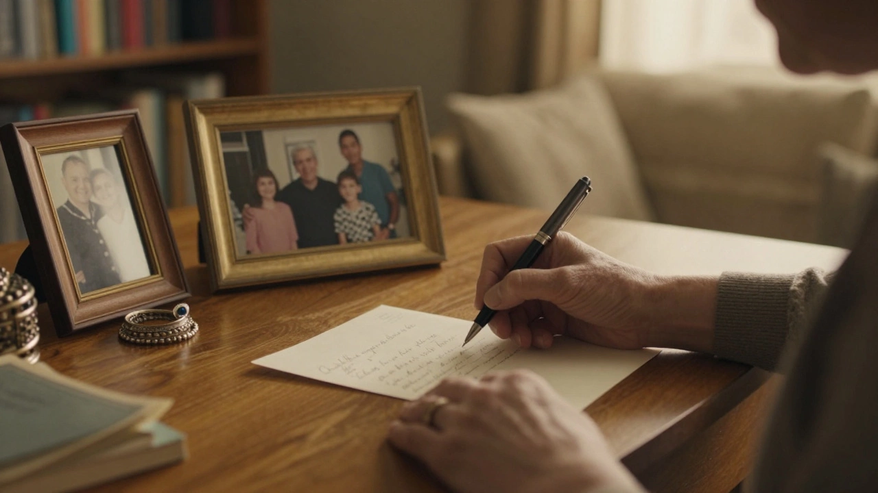 Person writing heartfelt wedding note at desk