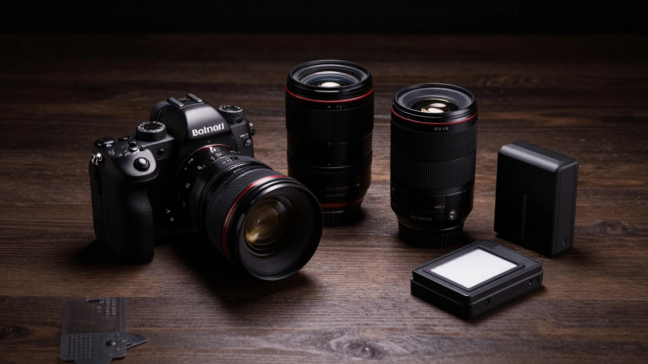 Professional camera gear and lenses displayed on a dark table