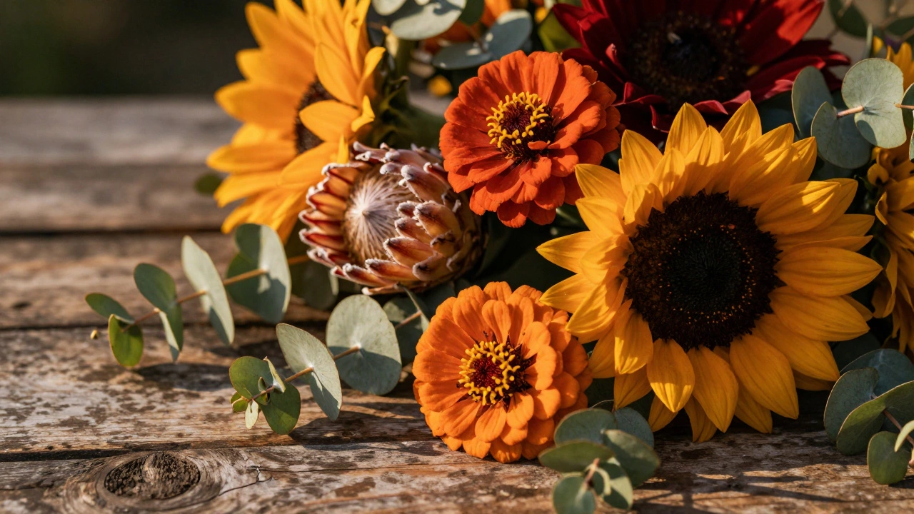Rustic summer centerpiece with sunflowers, zinnias, and protea on wood
