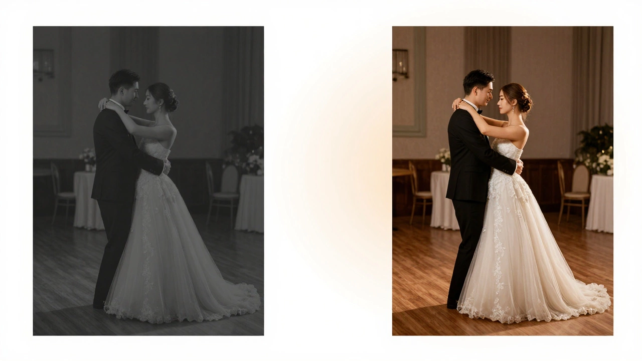Split screen showing a dull RAW photo transforming into a vibrant edited wedding image.