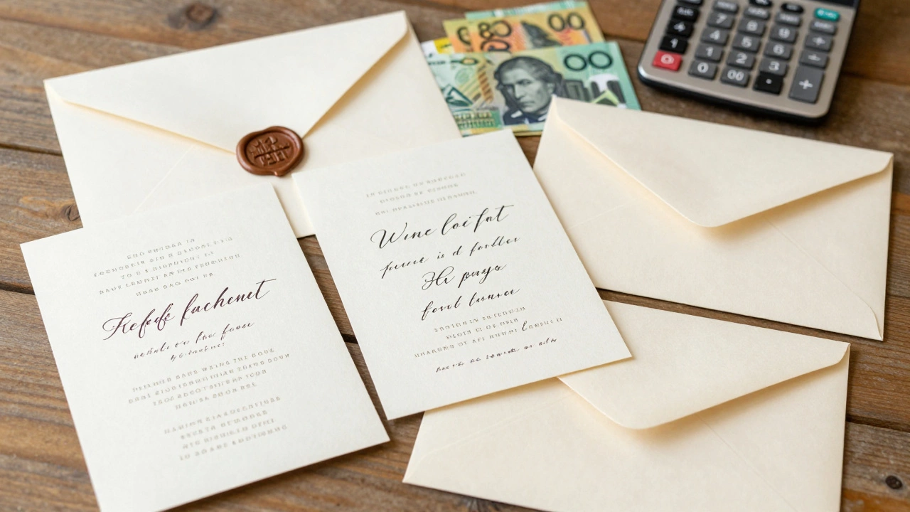 Wedding invitations and cash on a wooden table