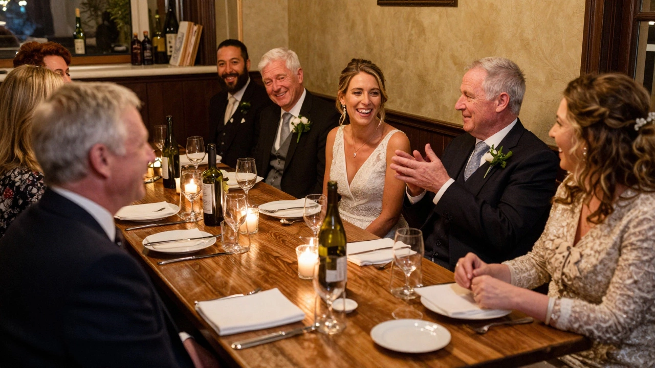 Wedding party and grandparents enjoying a rehearsal dinner together.