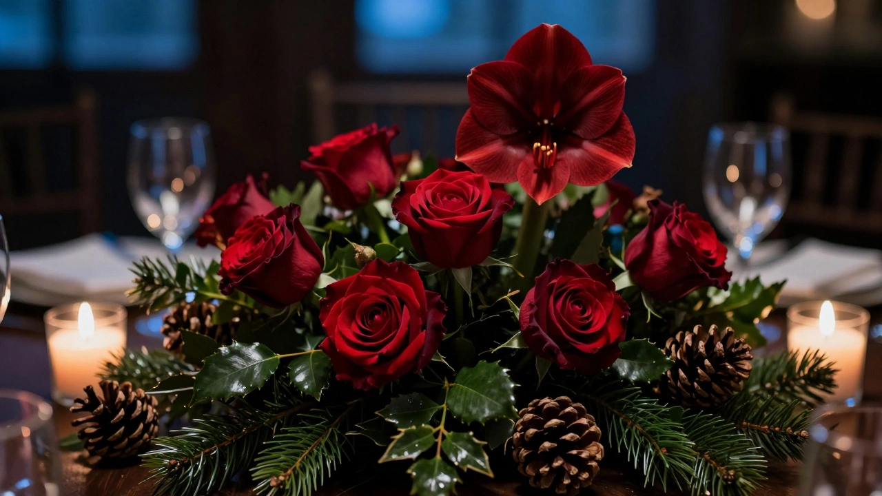 Winter arrangement with red roses, boxwood, and amaryllis by candlelight