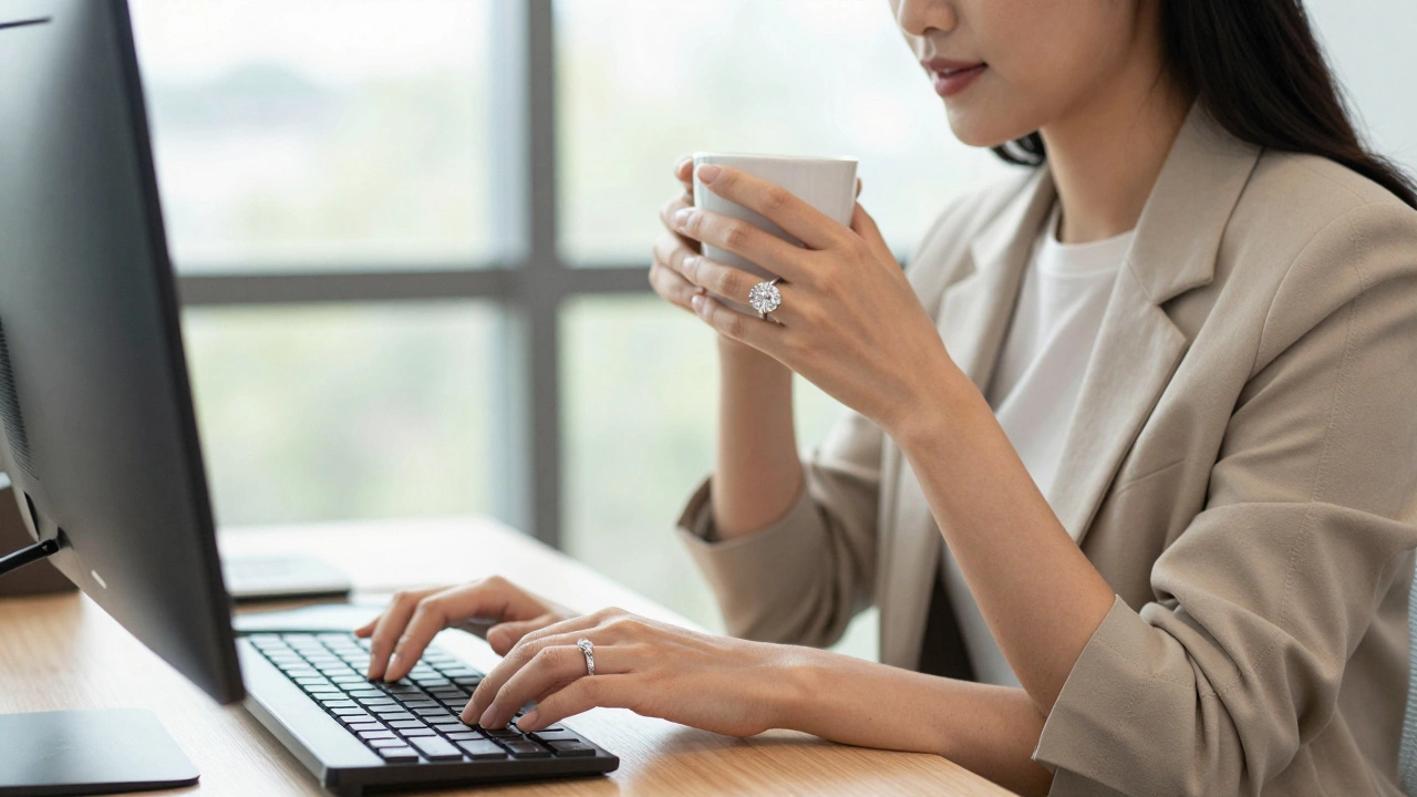Woman wearing a large diamond ring during daily office tasks