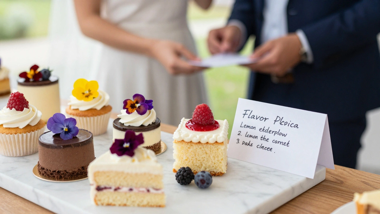 Assorted cake samples and tasting notes on a marble board