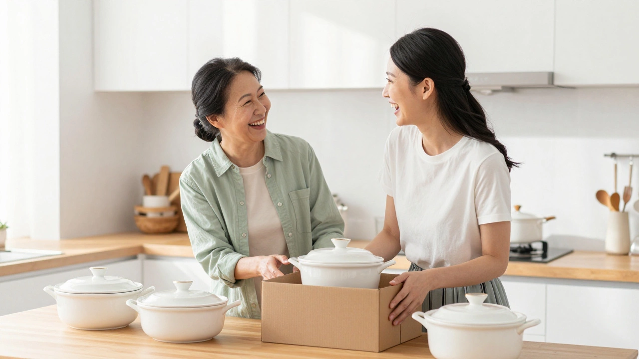 Bride and mother-in-law unpacking kitchen gifts together