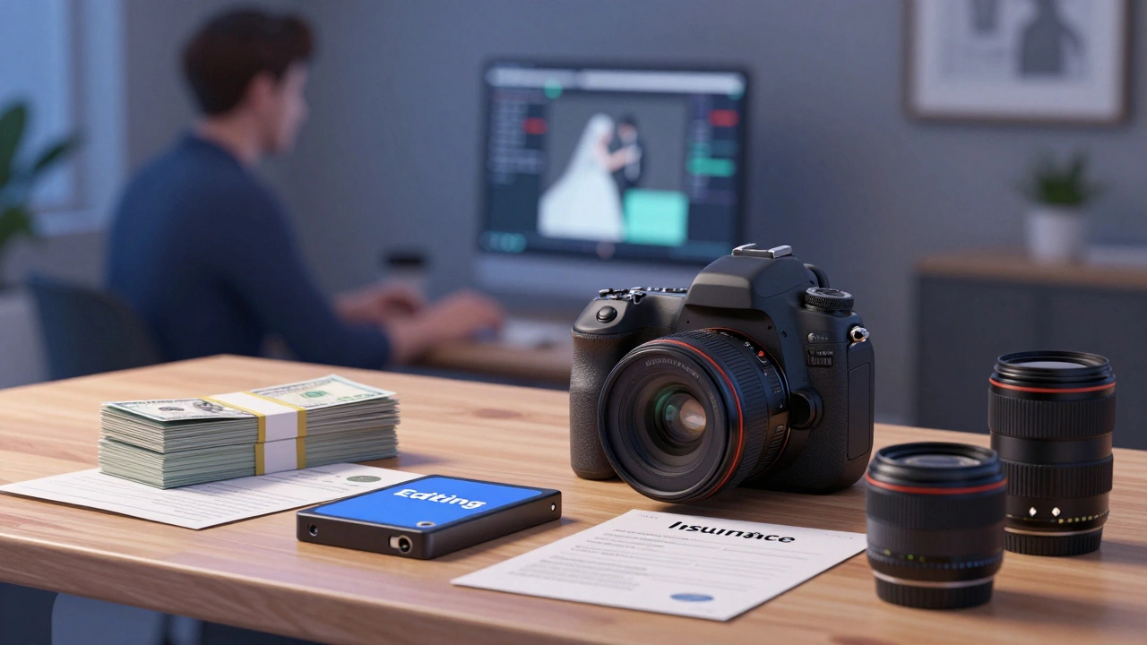Camera gear and editing tools symbolizing wedding photography costs