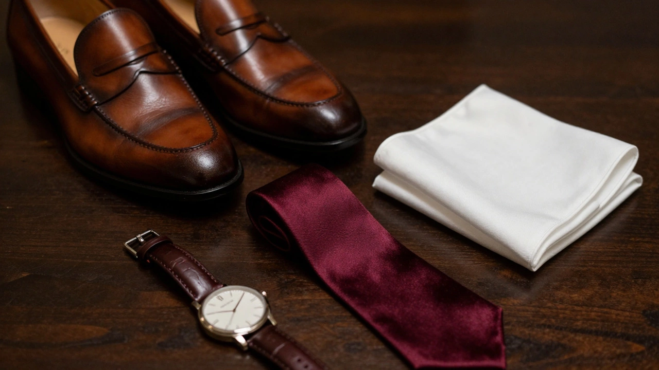 Close-up of elegant wedding suit accessories and shoes