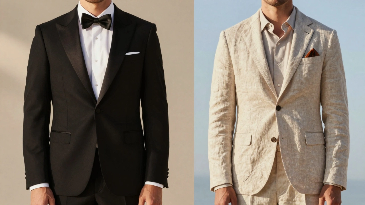 Comparison of a black tuxedo and a casual linen blazer