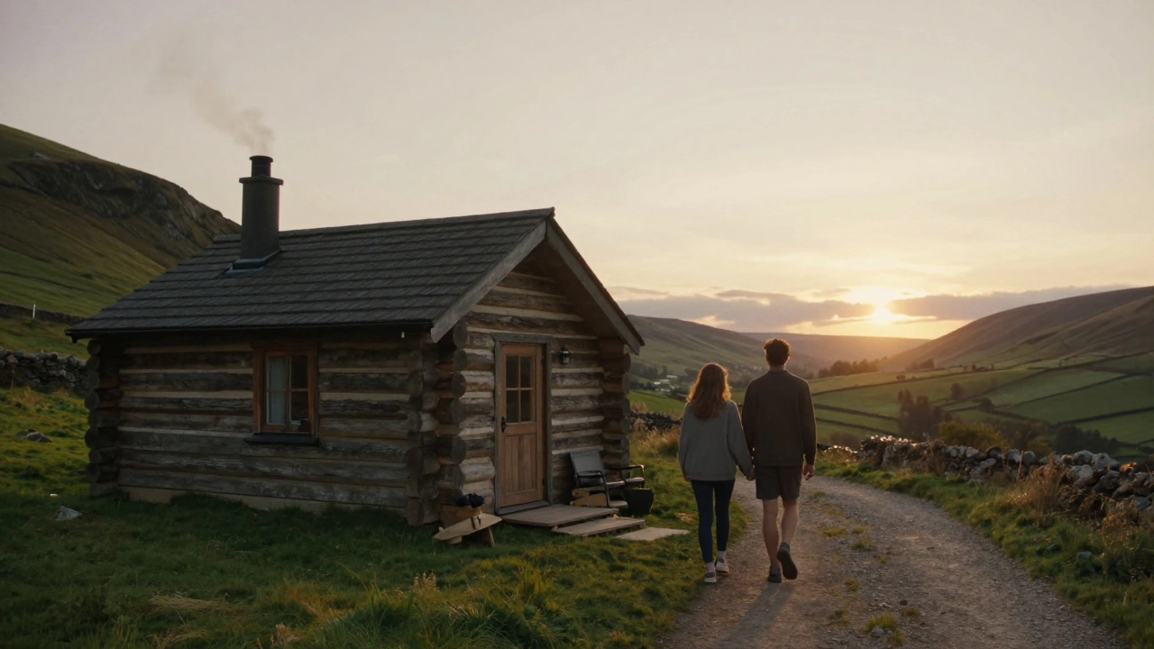 Couple enjoying sunset walk near rustic countryside cabin
