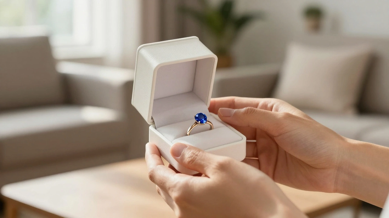 Couple holding a blue sapphire engagement ring in a cozy home setting