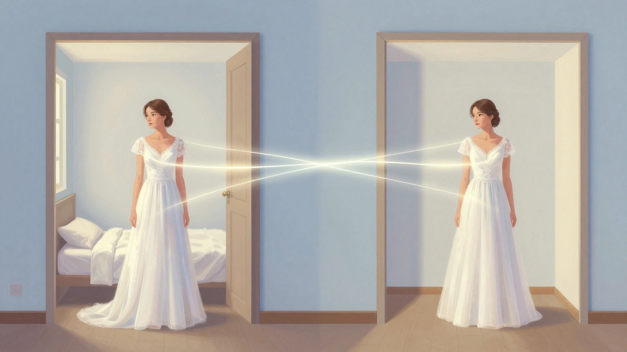Couple in separate rooms connected by a glowing light, symbolizing emotional bond despite distance.