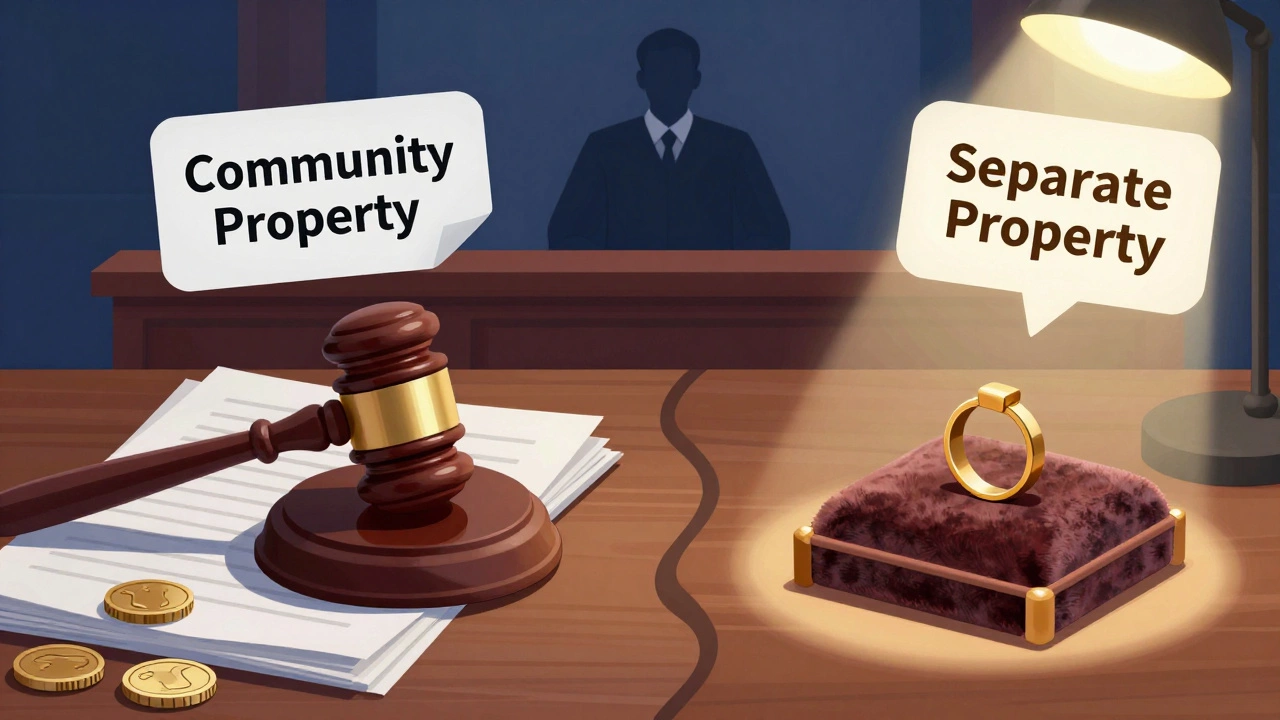 Courtroom scene dividing marital vs separate property