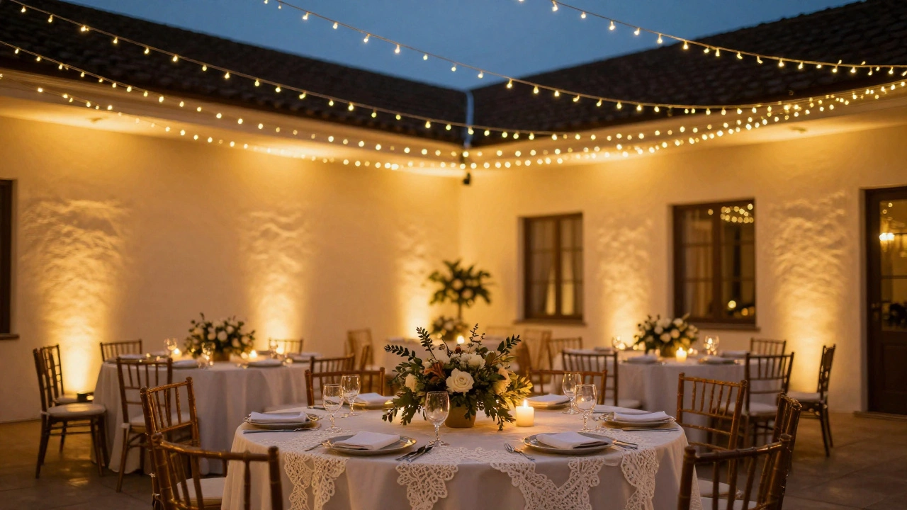 Elegant wedding table setting with warm string lights and candles