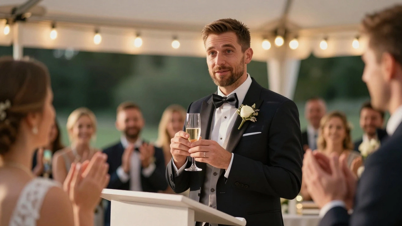 Father of groom giving toast at wedding reception
