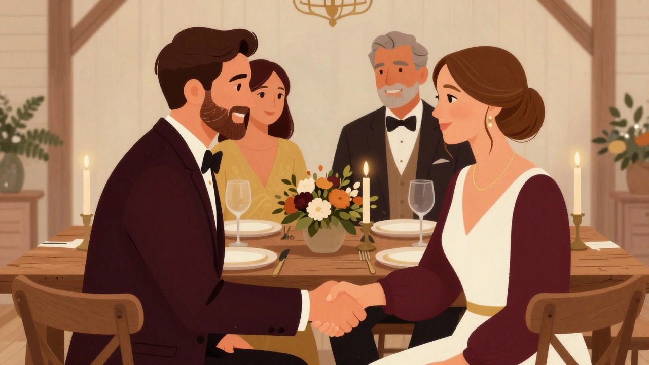 Fathers shaking hands at wedding rehearsal dinner