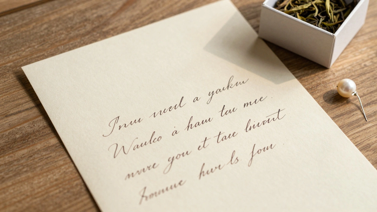Handwritten welcome letter and pearl earring on table