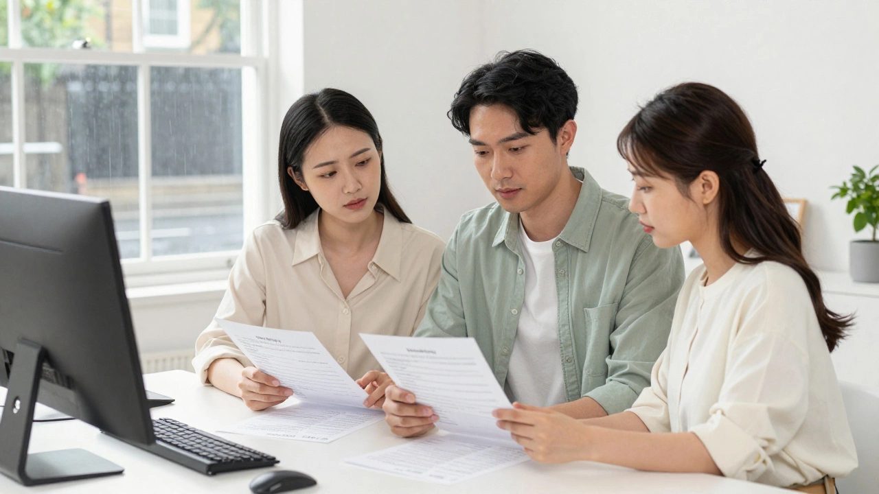 Parents supporting their child with wedding planning documents in a calm home setting