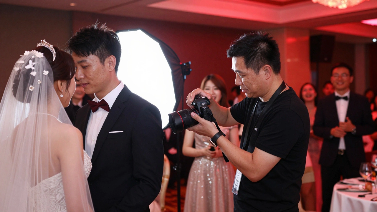 Photographer managing difficult lighting during a wedding reception dance