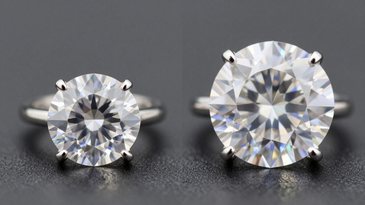 Side-by-side comparison of a small natural diamond and large lab-grown diamond