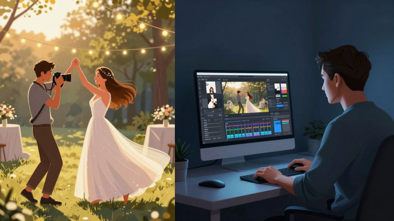 Split view of photographer shooting outdoors and editing photos at a desk