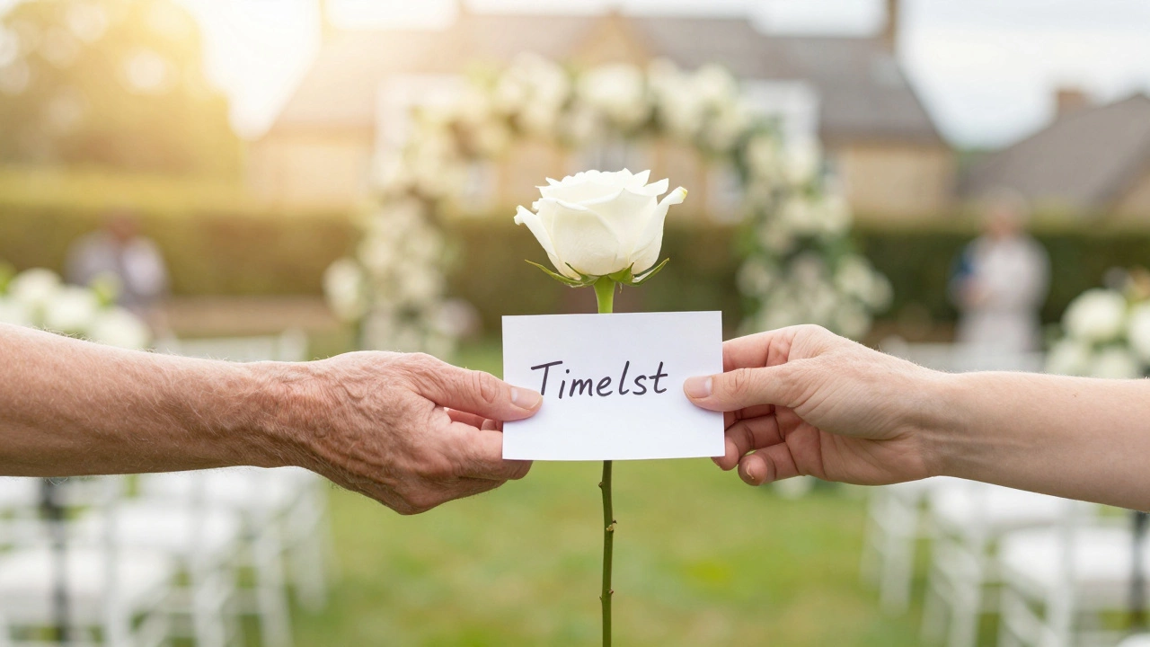 Symbolic exchange of a flower between parent and couple representing emotional support
