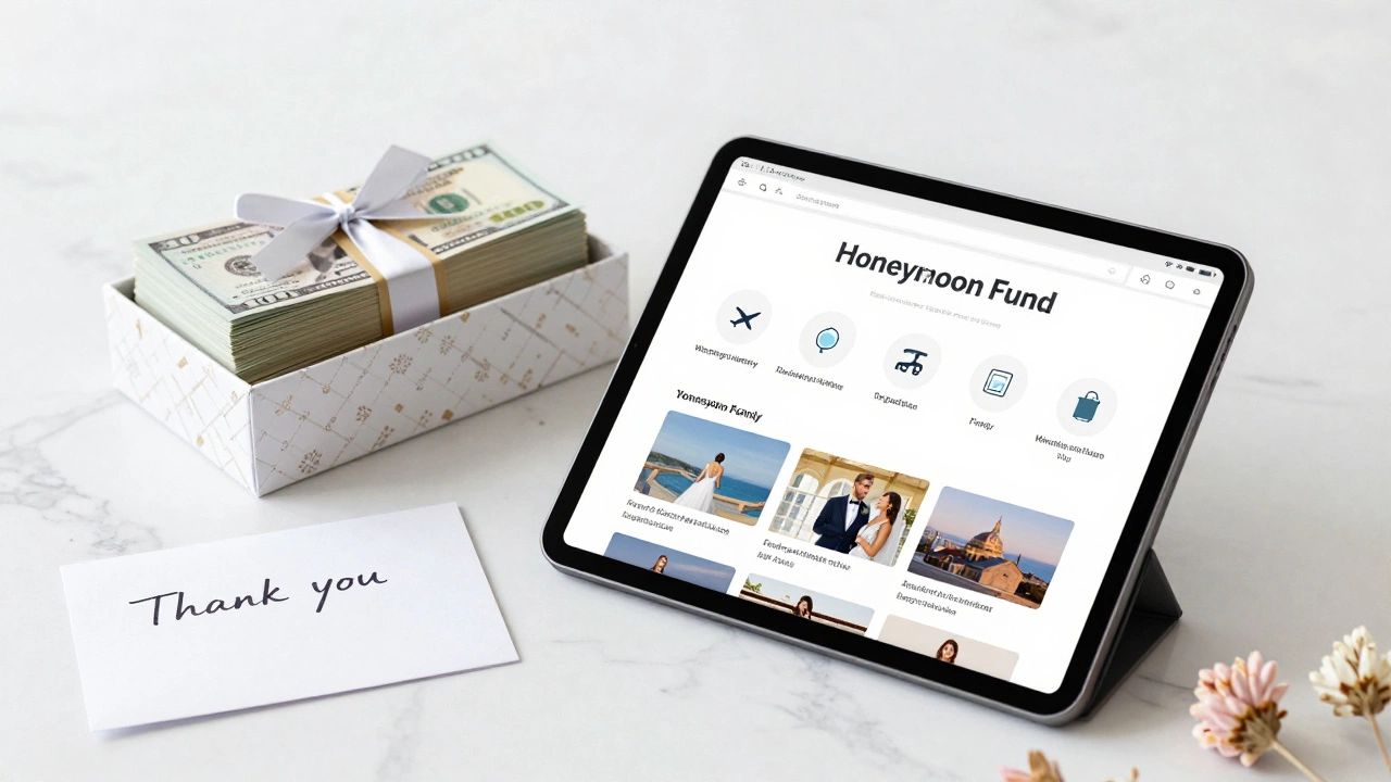 Tablet showing honeymoon fund registry with cash gifts