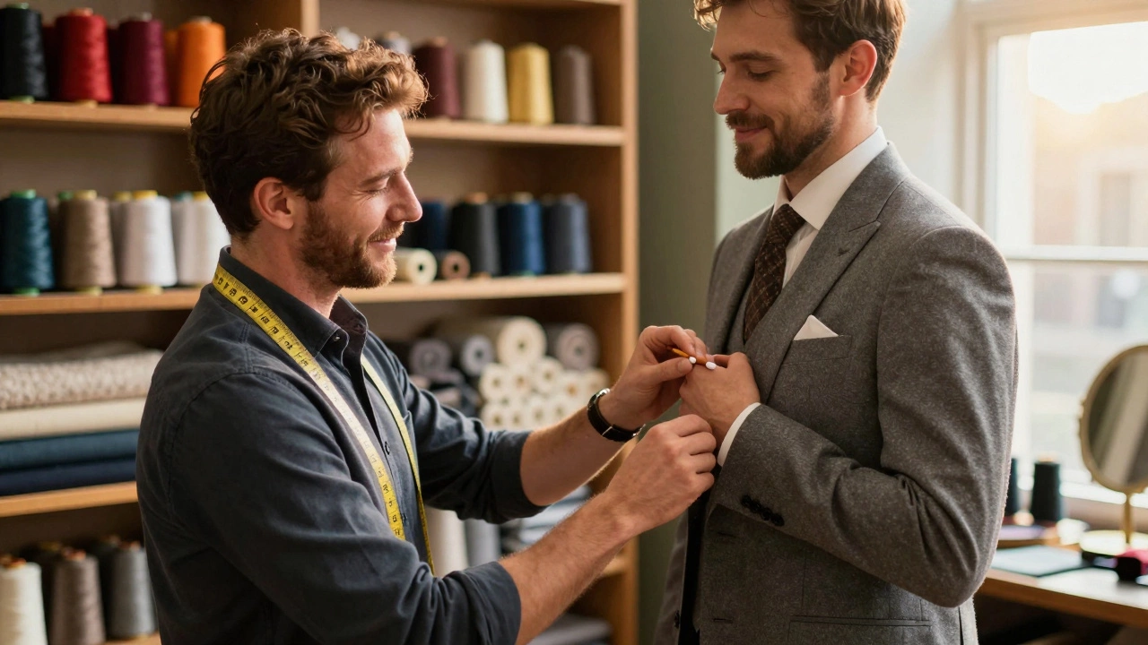 Tailor adjusting a groom's suit in a shop