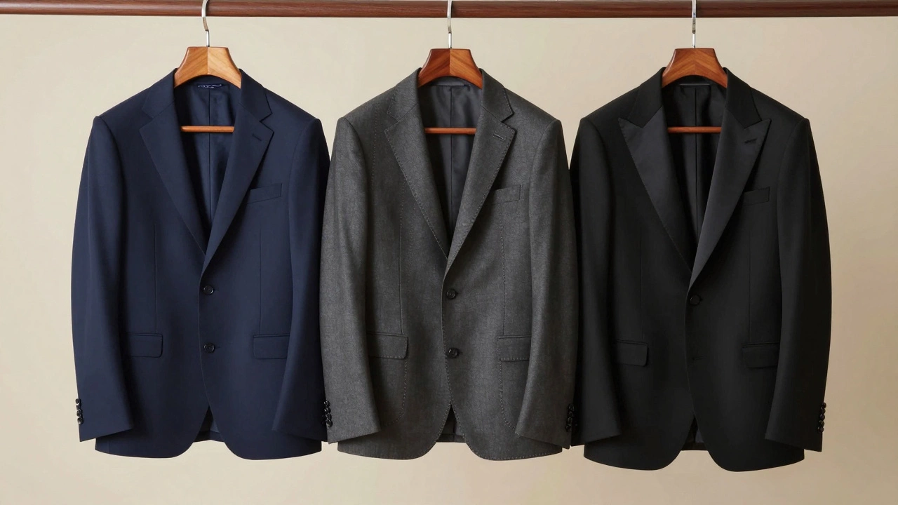 Three different suit styles hanging on hangers