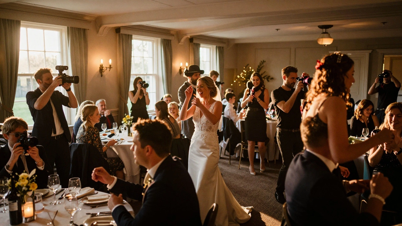 Two photographers capturing moments at a busy UK wedding reception