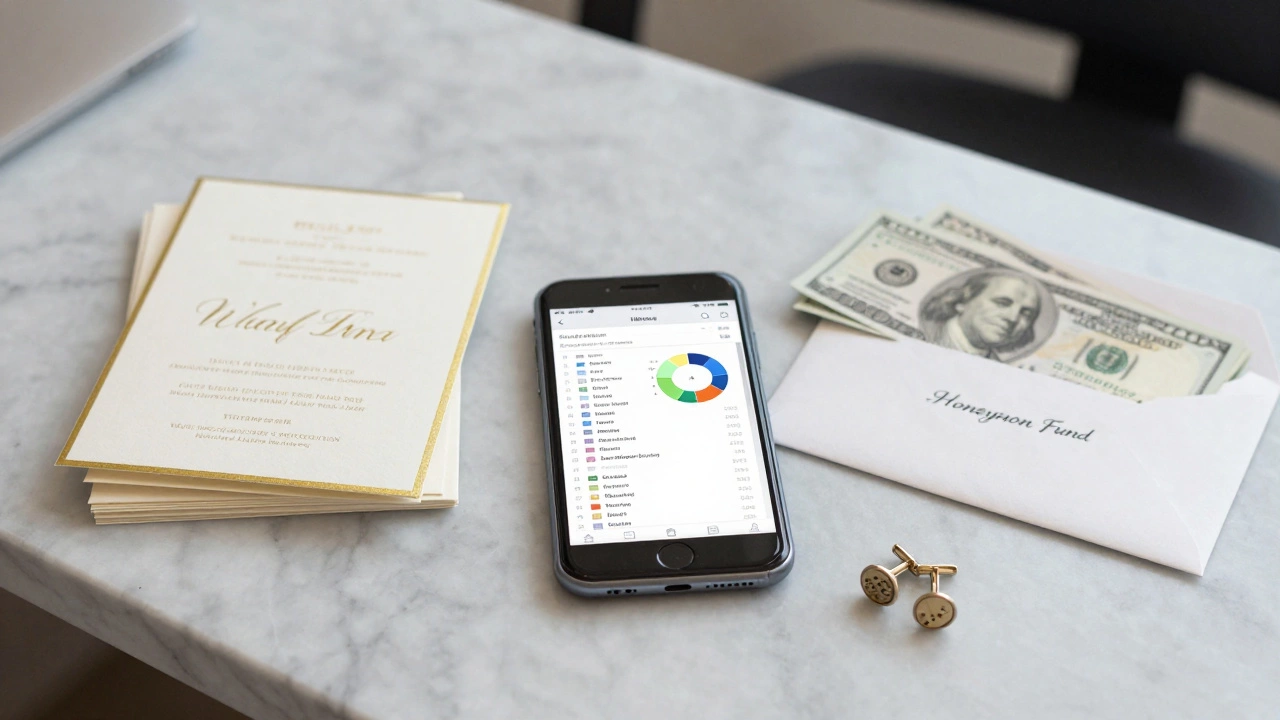 Wedding budget spreadsheet on phone surrounded by invitations and honeymoon cash gift