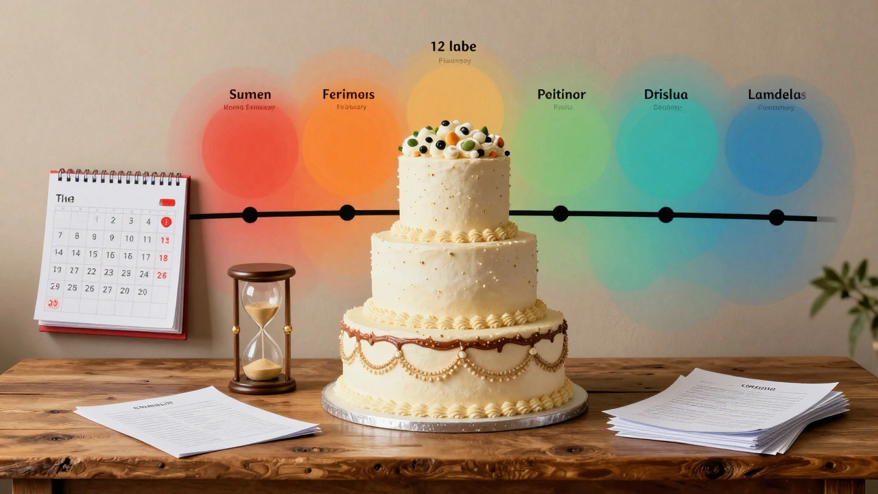 Wedding cake surrounded by calendars and hourglasses symbolizing timeline