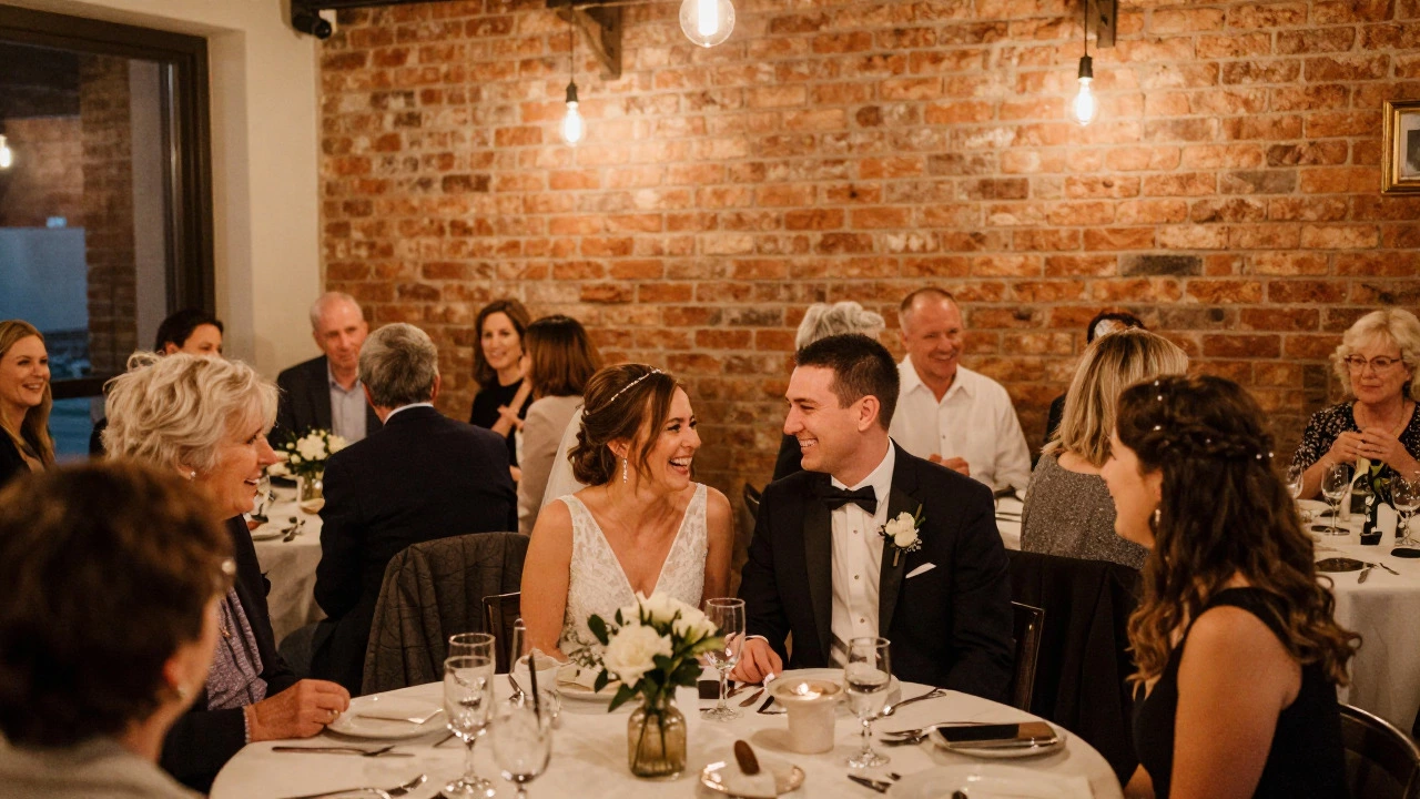 Bride and groom laughing with guests at a cozy, intimate wedding reception