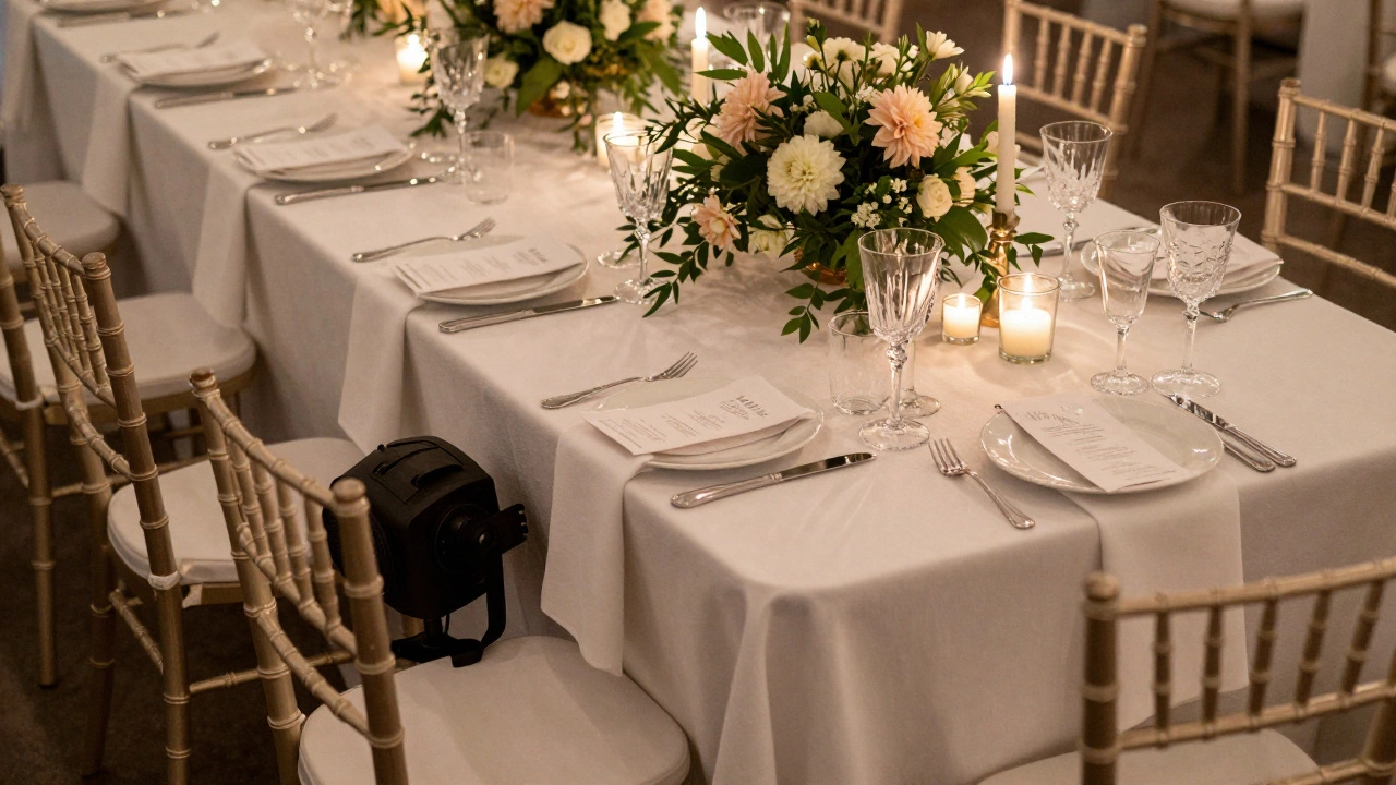 Close-up of elegant wedding table with flowers, candles, and rentals