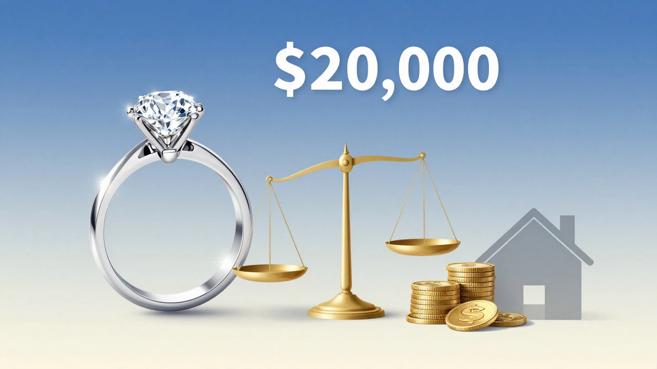 Conceptual art balancing a diamond ring against coins and a house icon