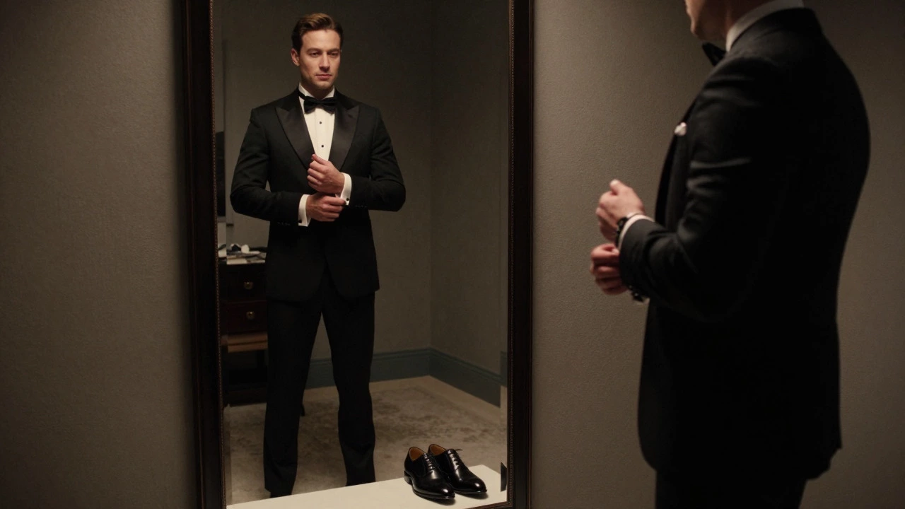 Confident groom adjusting cufflinks in front of a mirror