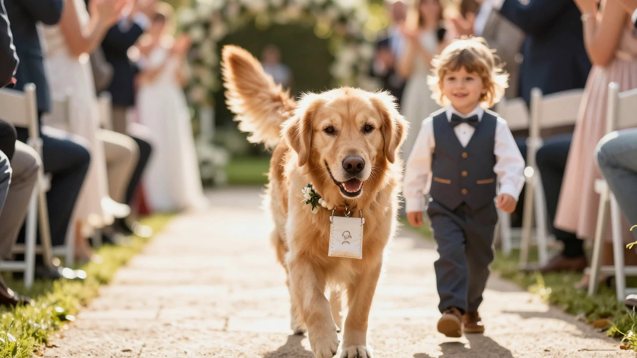 Dog wearing a ring pouch walking down the wedding aisle