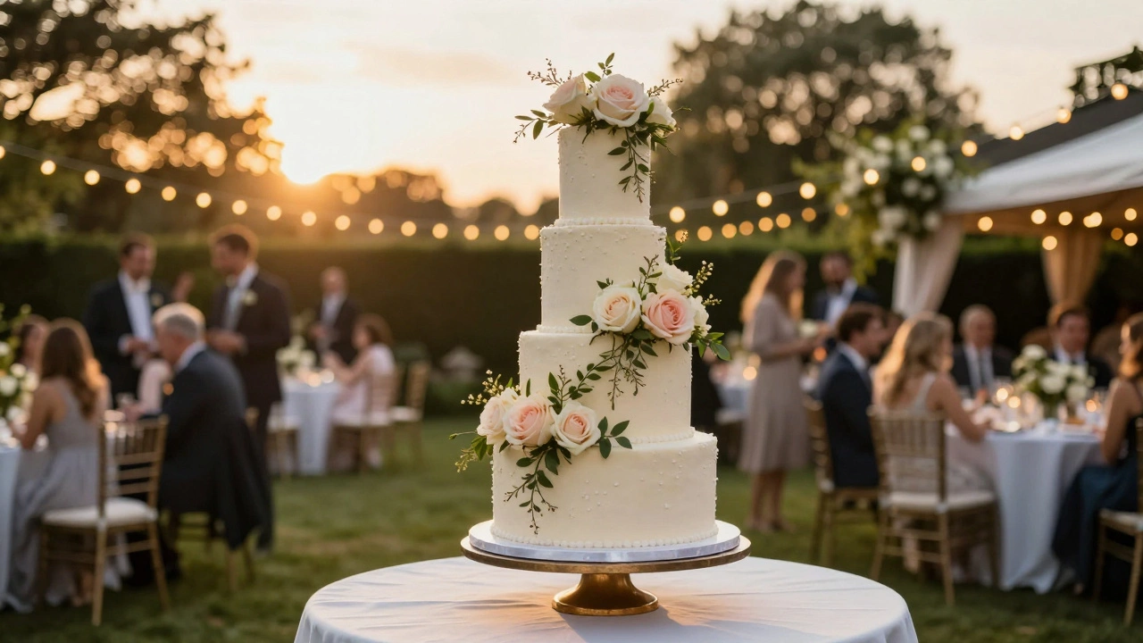Elegant 3-tier wedding cake at garden reception