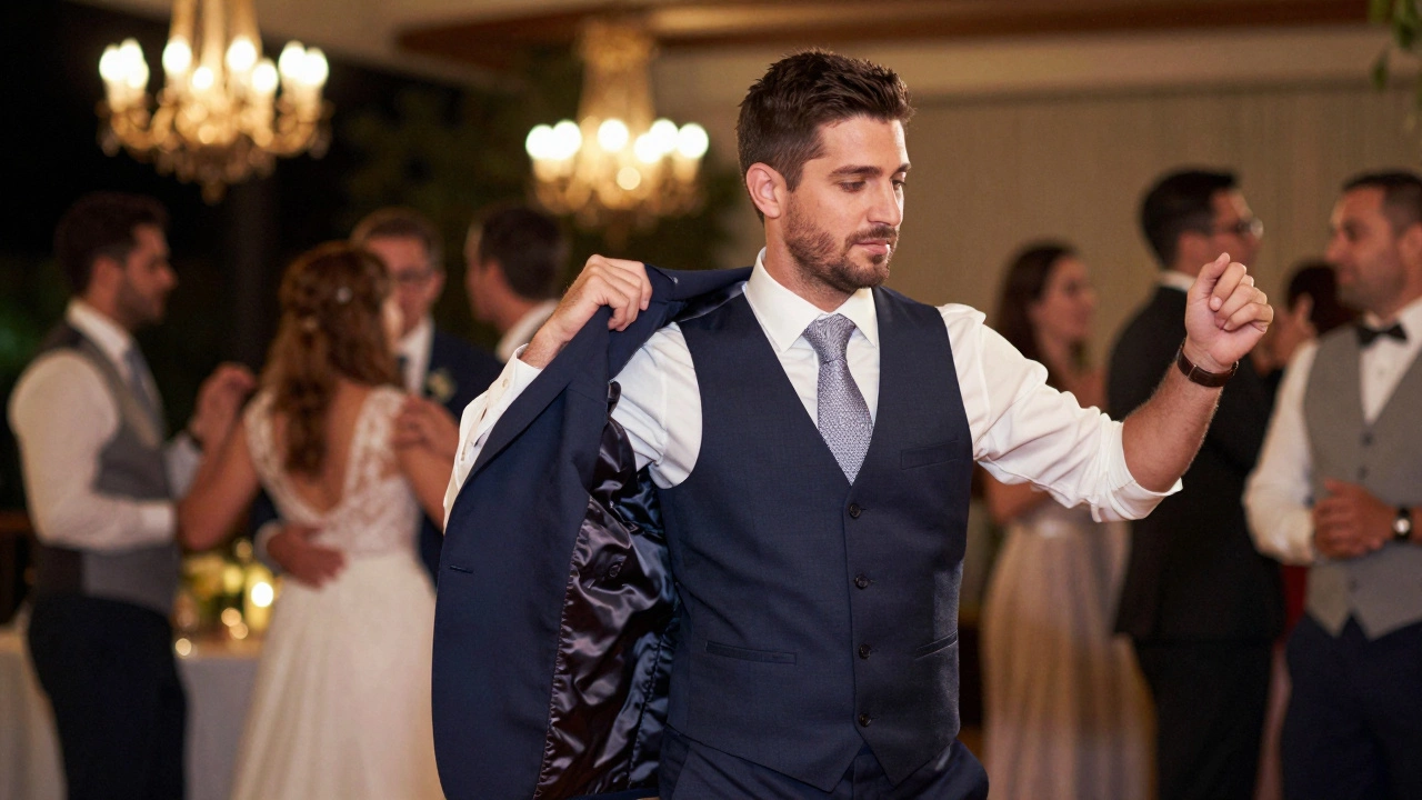 Groom dancing in a waistcoat without his jacket at a formal evening wedding reception.