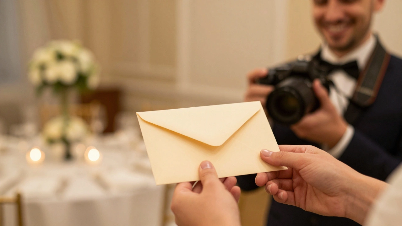 Hand giving a tip envelope to a wedding photographer