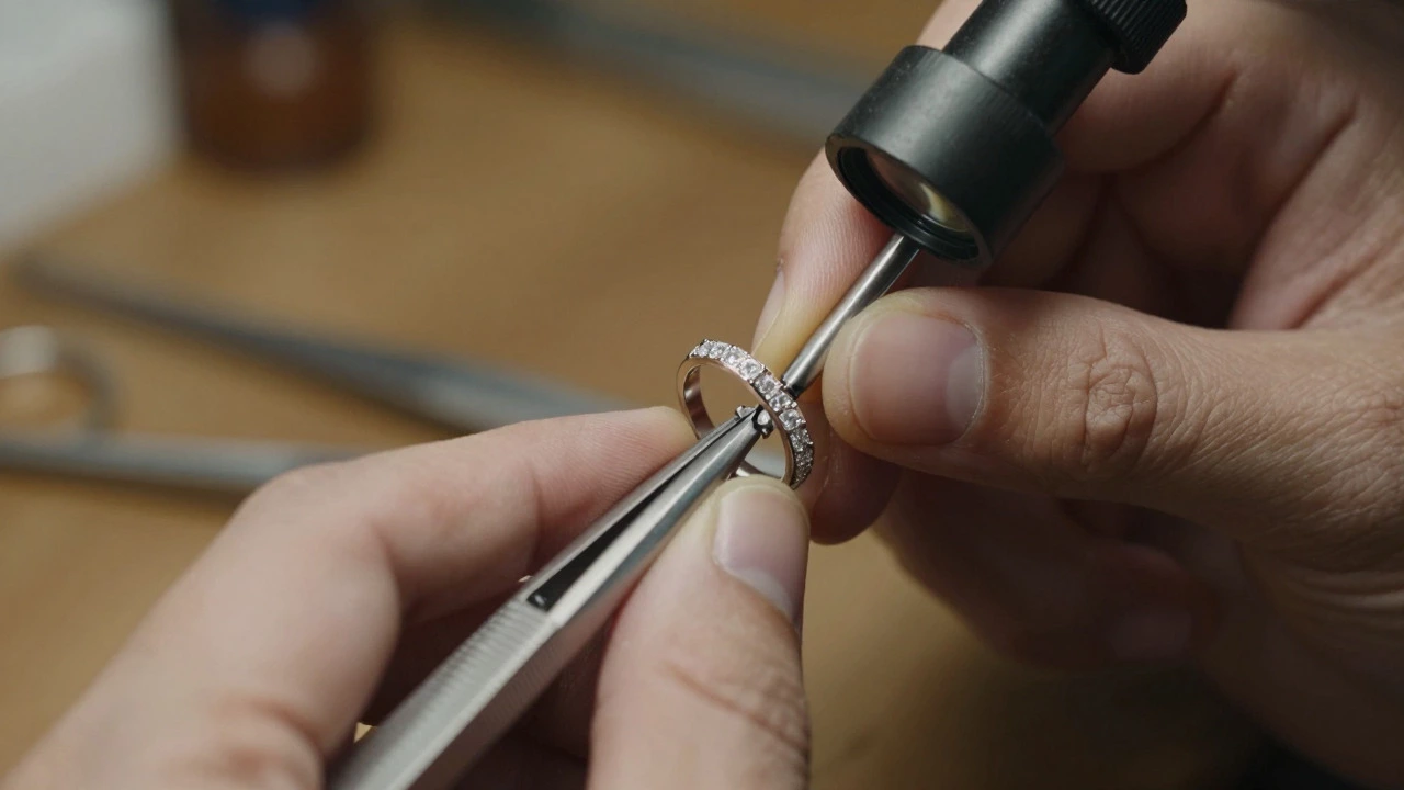 Jeweler's hands crafting a detailed platinum ring setting with tools