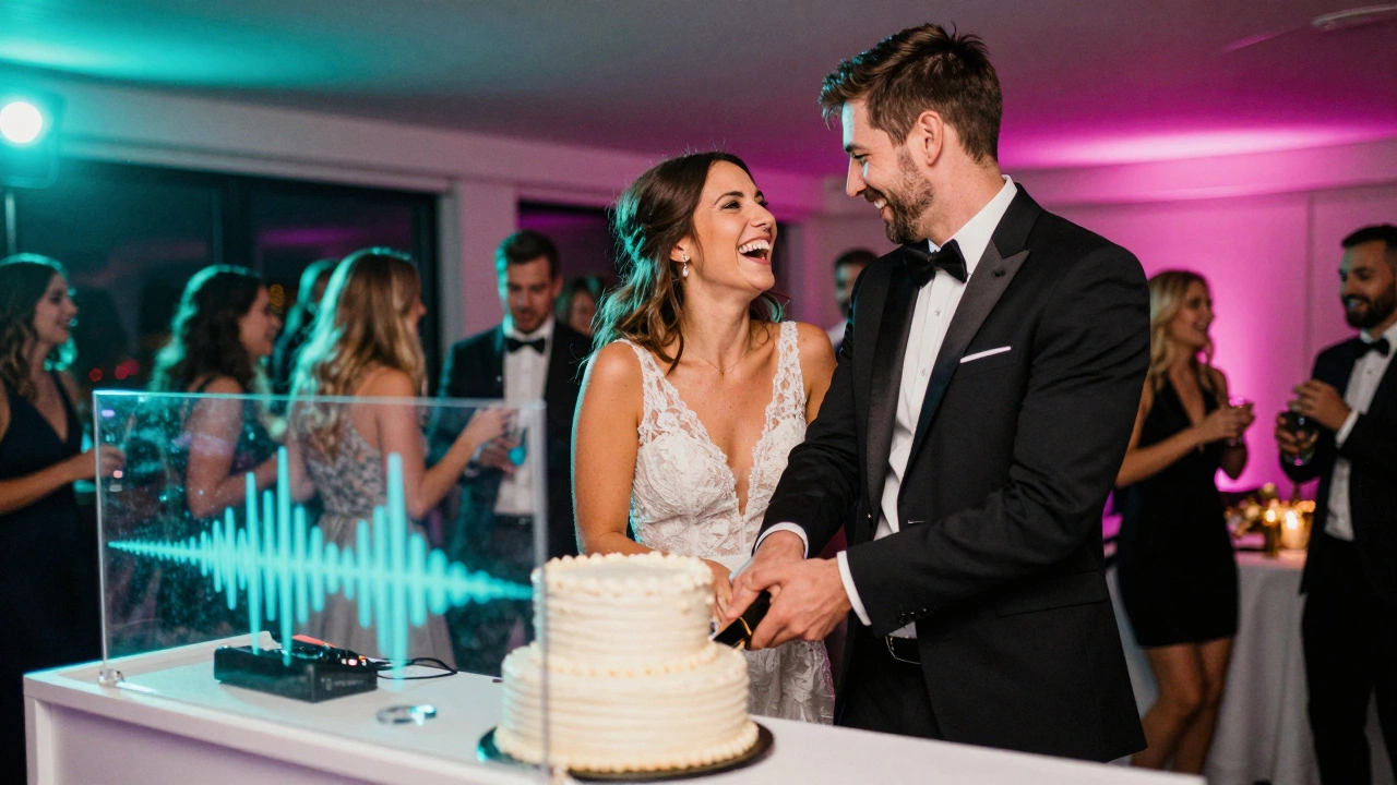 Laughing couple cutting cake at a vibrant, upbeat wedding reception