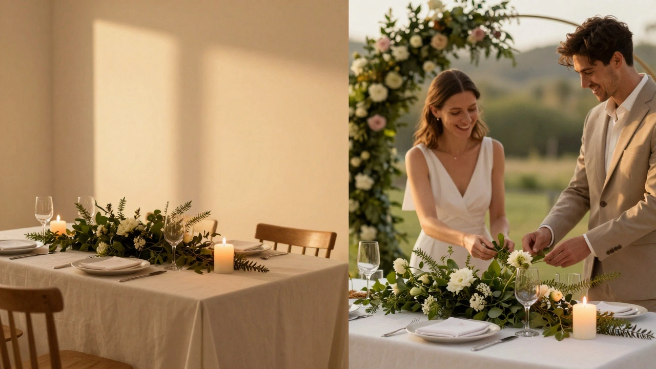 Minimalist table setting with uplighting and reused ceremony flowers
