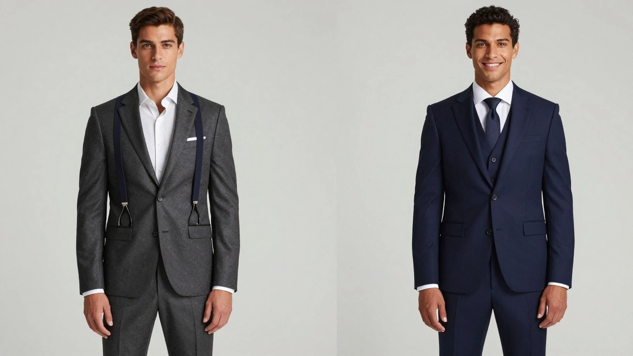 Side-by-side comparison of a groom in a two-piece suit versus a three-piece suit.